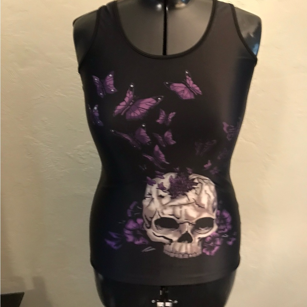 5/15🔥🔥🔥Edgy Black and Purple Skull Tank Top